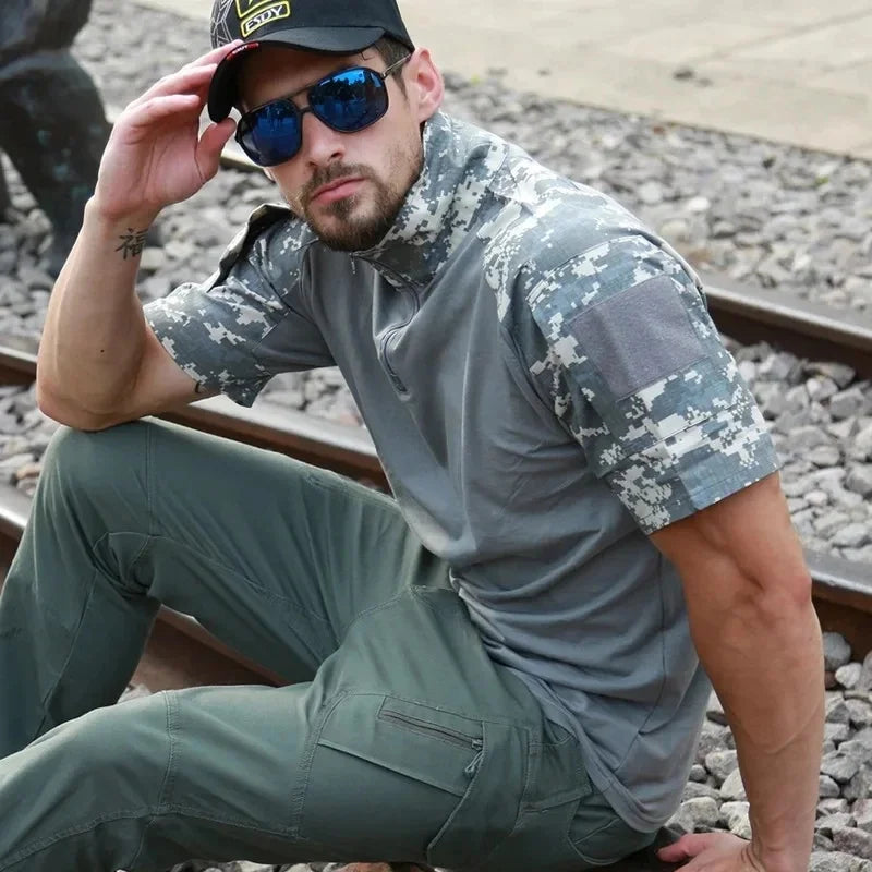 Gray outdoor tactical shirt with camouflage sleeves for rugged outdoor activities