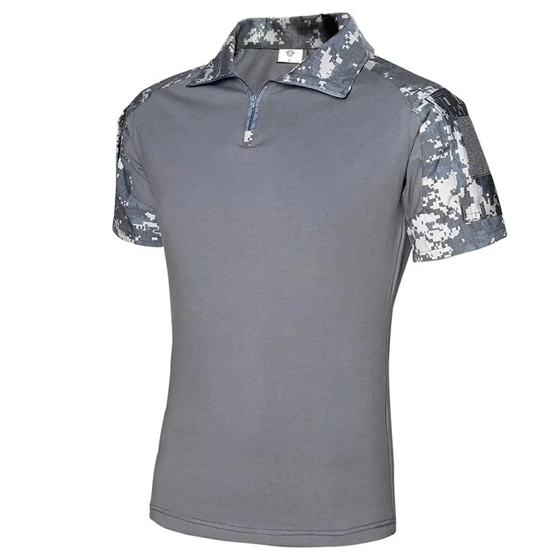 Gray outdoor tactical shirt with camouflage sleeves for rugged activities