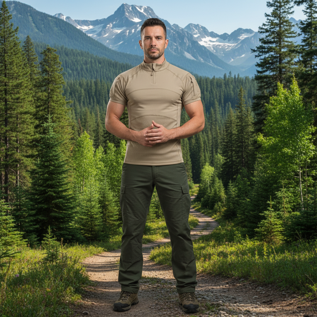 Outdoor tactical shirt in khaki, ideal for rugged outdoor activities