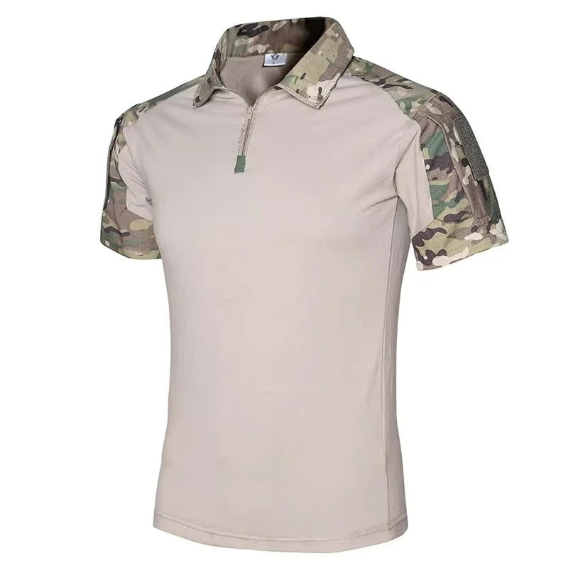 Khaki Tactical T-Shirt with Camouflage Sleeves for Outdoor Activities