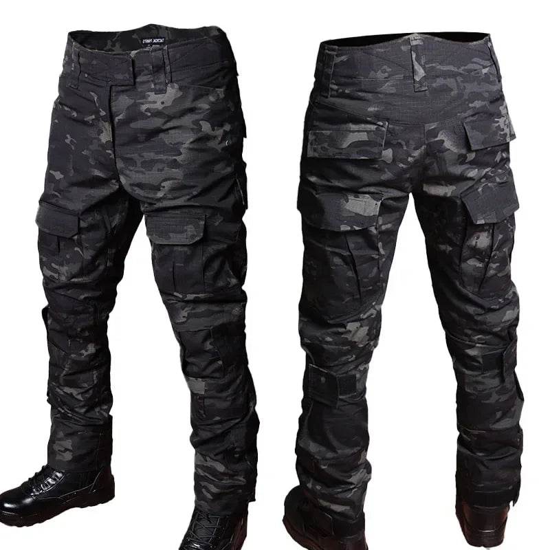 Men's tactical set t-shirt and pants in black camo with cargo pockets for outdoor activities