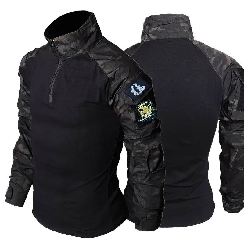 Men's tactical set t-shirt and pants featuring a zip collar and camouflage sleeves for outdoor activities