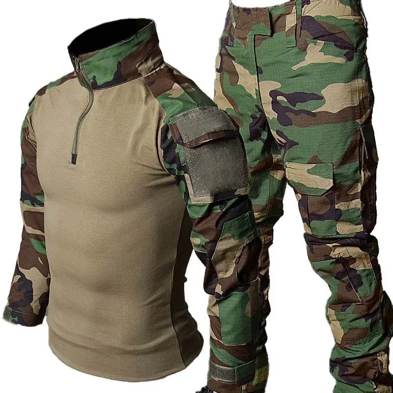 Tactical set t-shirt and pants in camouflage design for outdoor and military activities