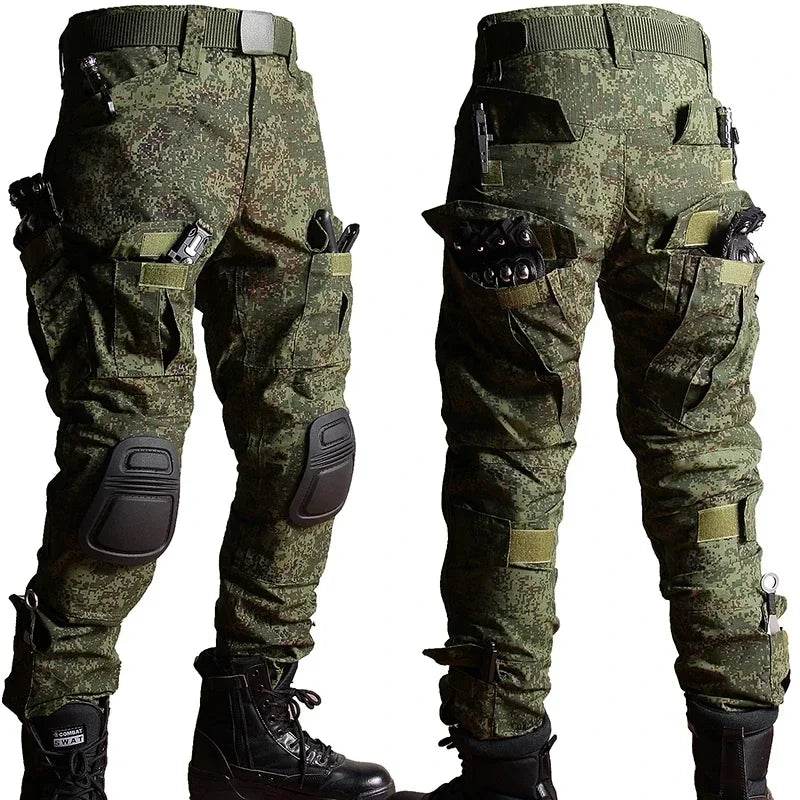 Back view of tactical set t-shirt and pants in camouflage design with multiple pockets and knee pads