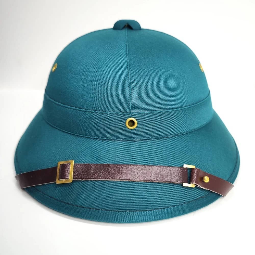 Vietnam surplus military helmet in teal with adjustable chin strap for outdoor use
