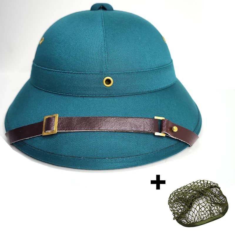 Vietnam surplus military helmet in teal with adjustable leather strap for outdoor use