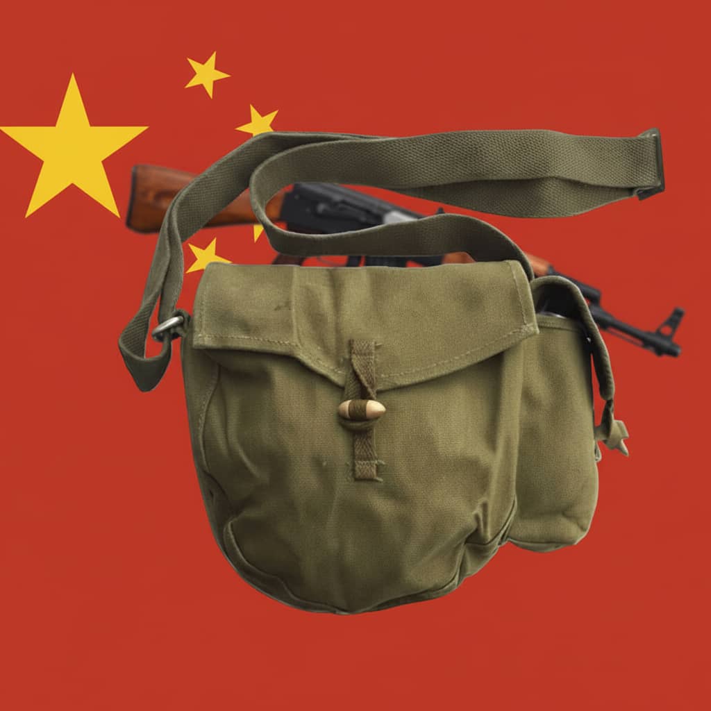 Vietnam War drum mag pouch in olive green with adjustable strap for military gear enthusiasts