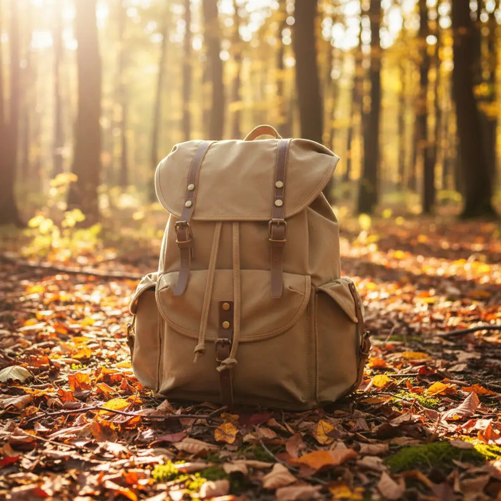 Vintage canvas backpack in tan perfect for outdoor adventures