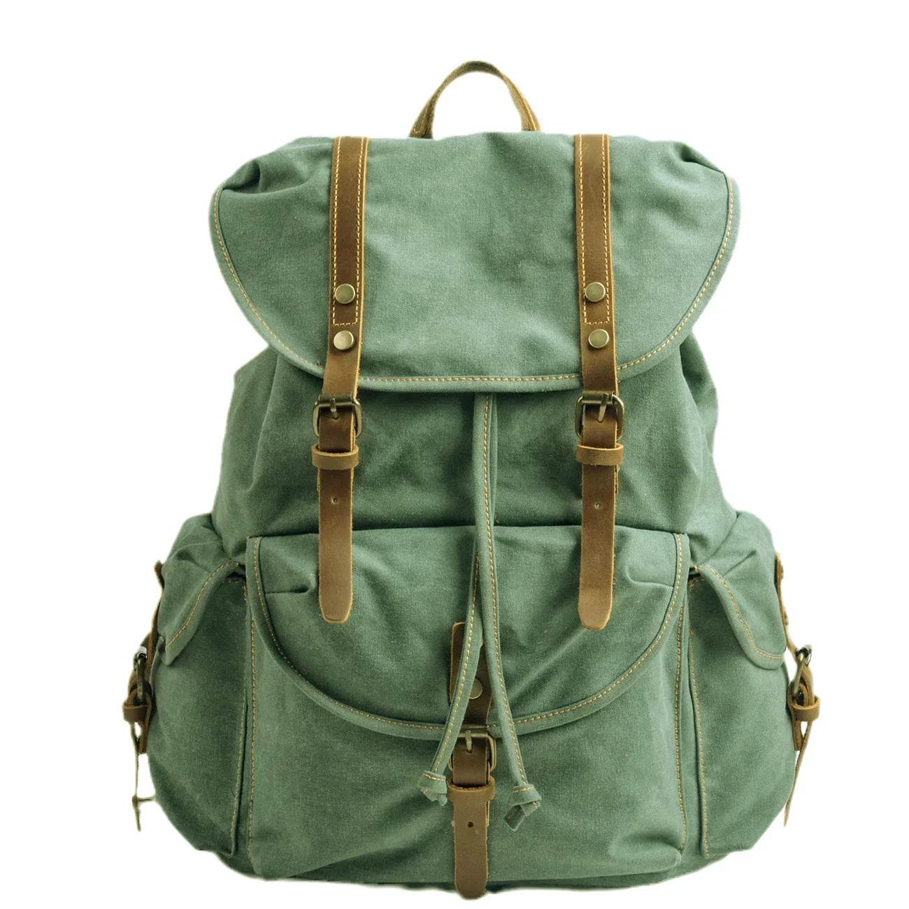 Vintage canvas backpack in green with multiple pockets for outdoor adventures