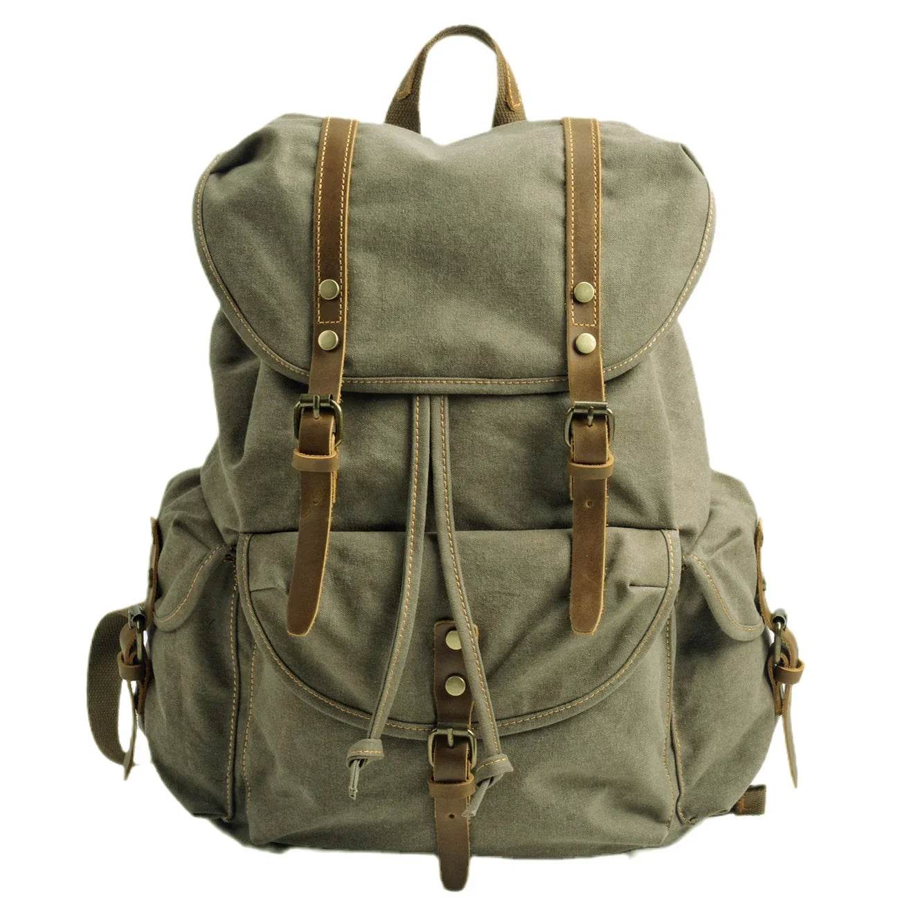 Vintage canvas backpack in olive green with multiple storage pockets