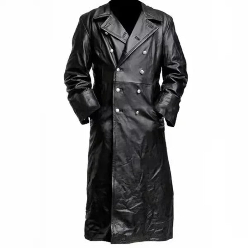 Black leather trench coat on a white background