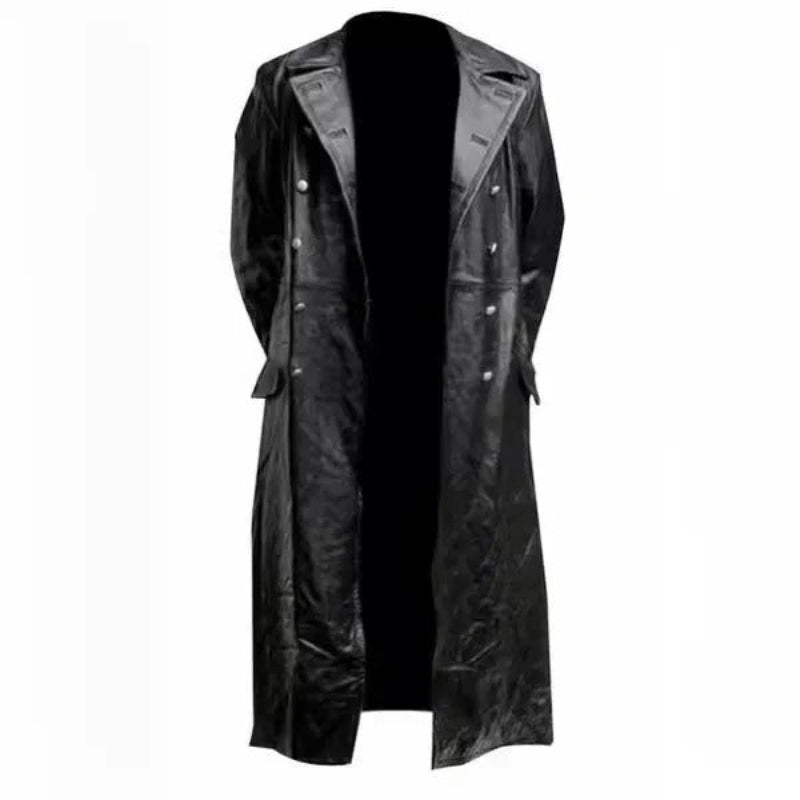 Black leather trench coat on a white background
