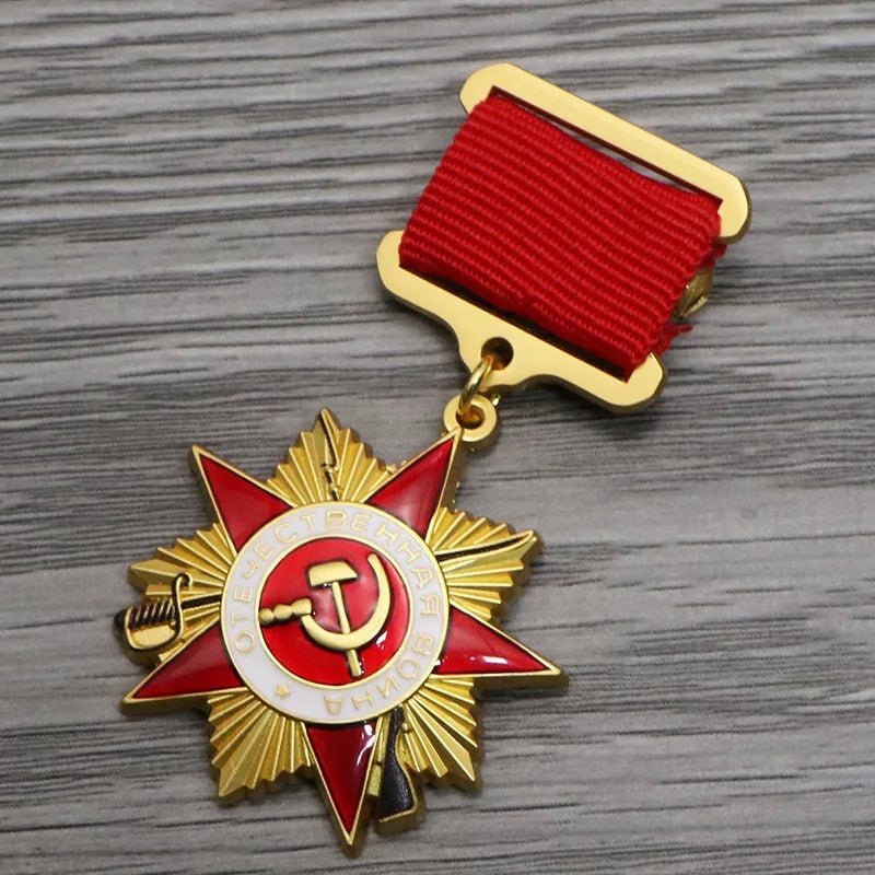 Vintage USSR war medal with red ribbon and golden star design, ideal for collectors - Military-Outdoors.com