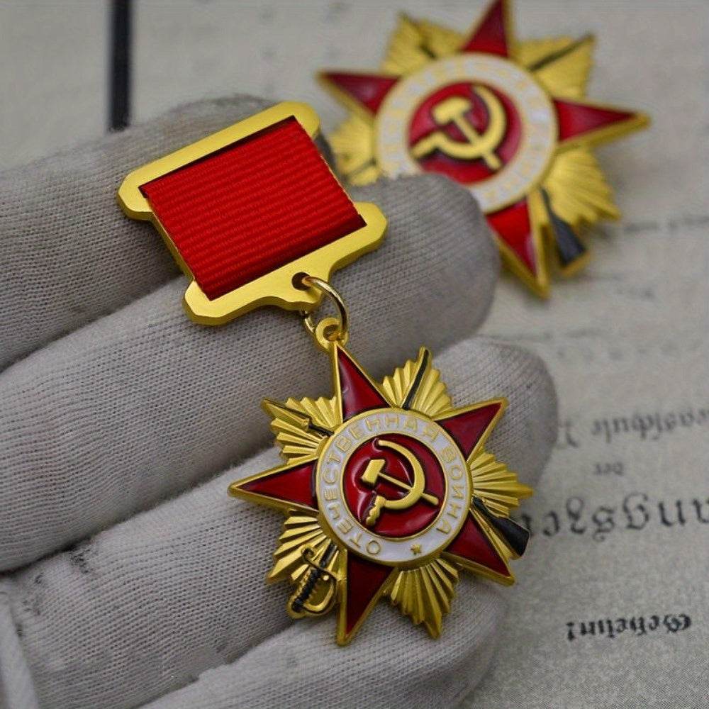 Vintage USSR war medal with red ribbon and golden star design, ideal for collectors and history enthusiasts