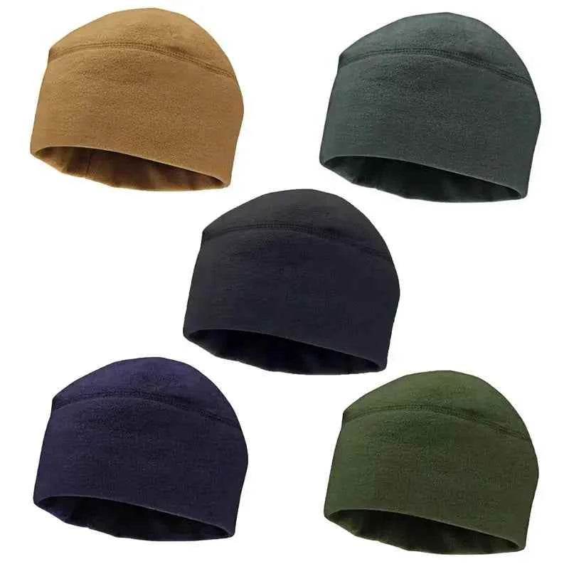 Set of six outdoors warm fleece caps in various colors for outdoor activities and cold weather