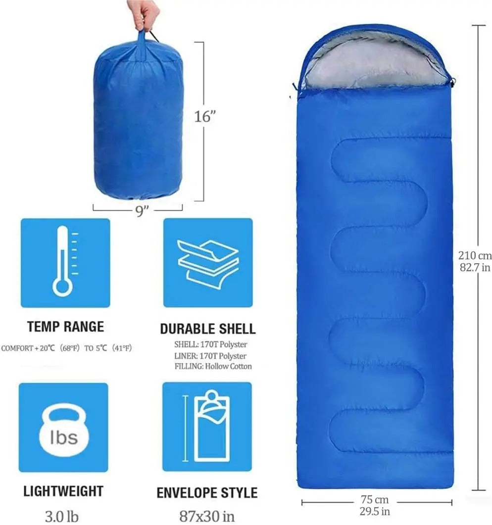 Compact blue warm sleeping bag with durable shell and lightweight design for outdoor adventures
