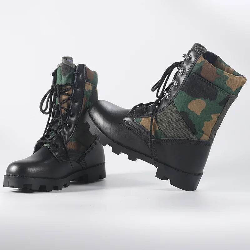 Military-Outdoors Tactical Boots in Black and Camo for rugged outdoor wear, water-resistant outdoor boots
