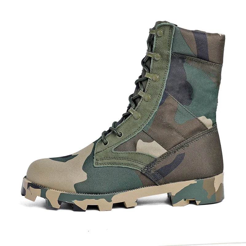 Military-Outdoors Camouflage Tactical Boots for rugged terrain, water-resistant outdoor boots