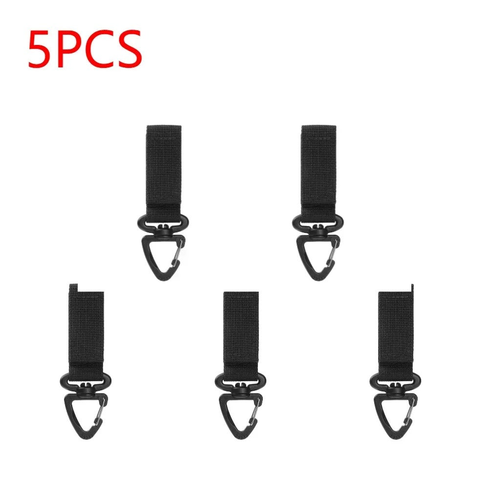 5 Black webbing buckles for secure attachment in outdoor gear