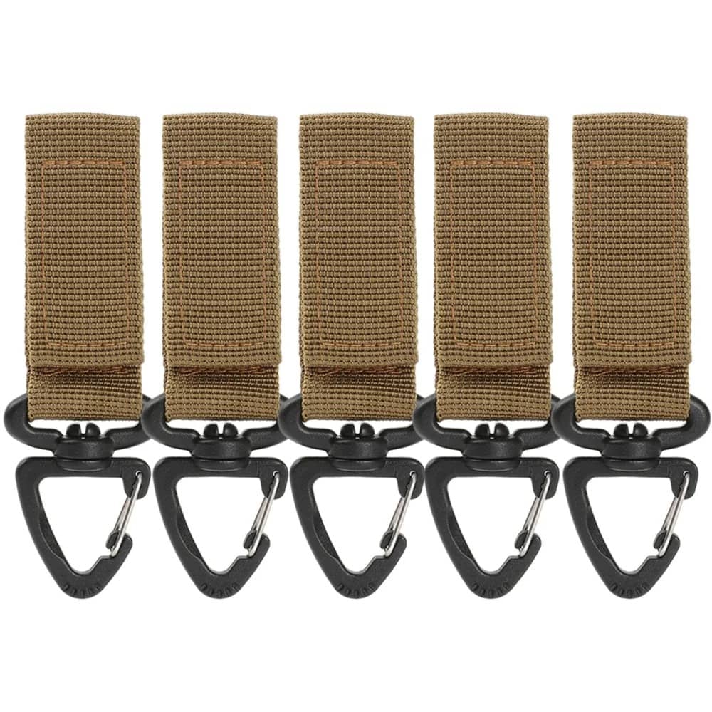 Tan webbing buckle set with durable hooks for outdoor gear attachment