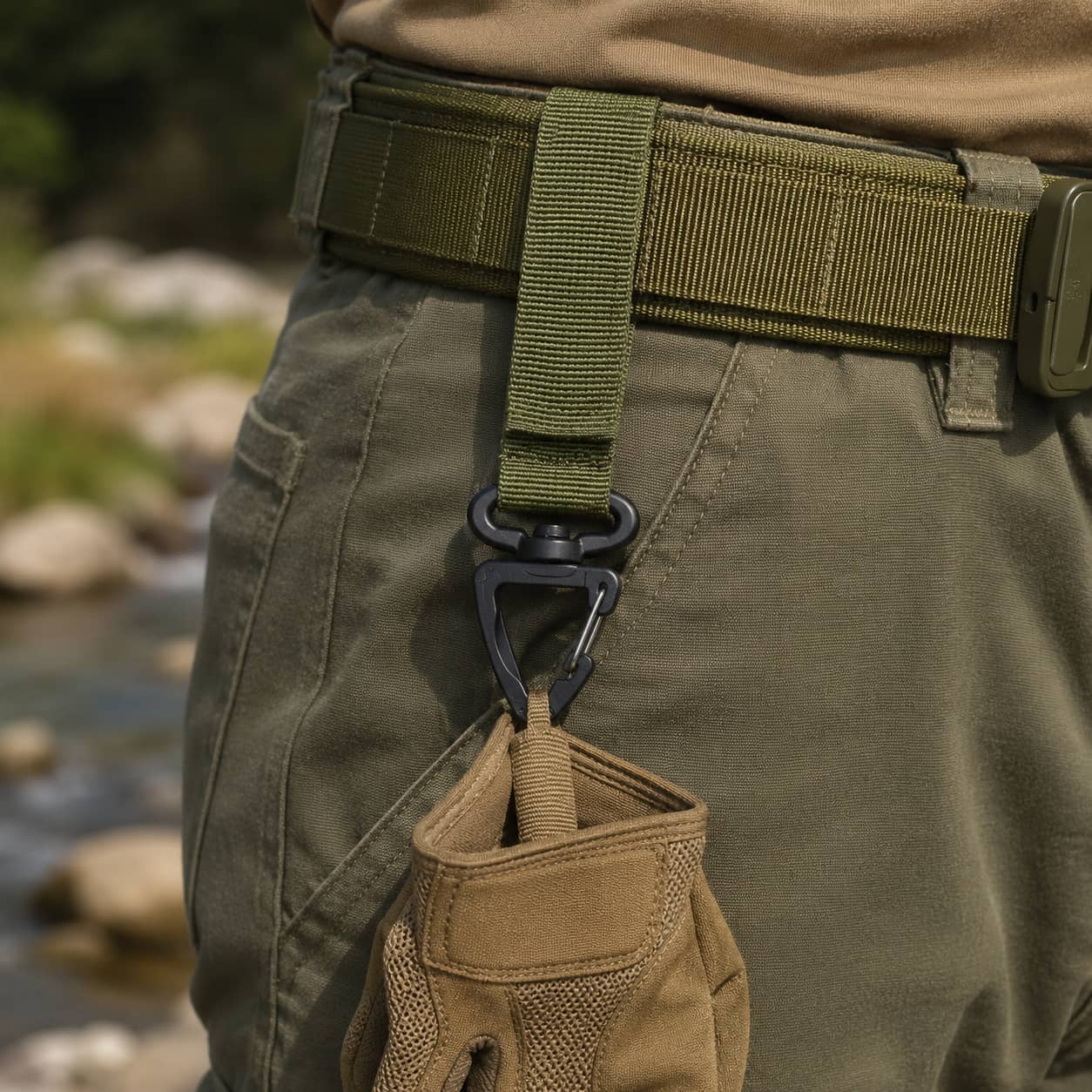 Military webbing buckle on tactical belt for secure fastening