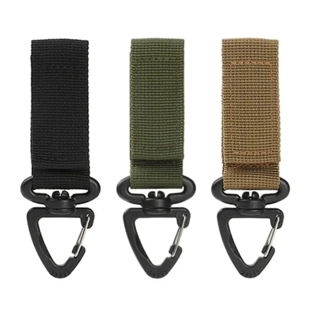 Set of webbing buckles in black, green, and brown for outdoor gear