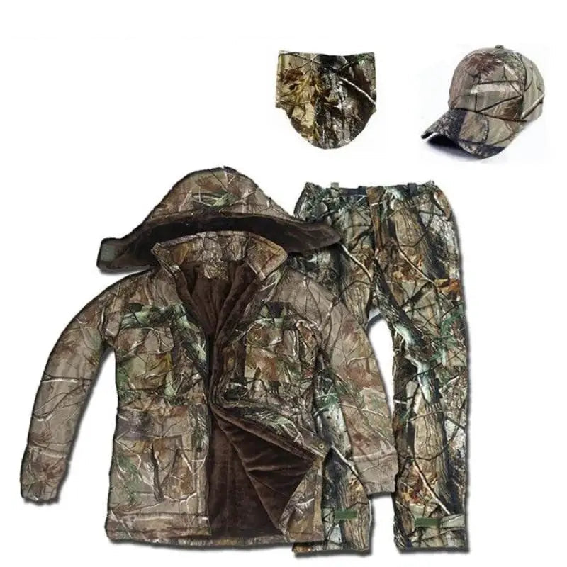 Camouflage winter jacket and pants set for outdoor hunting