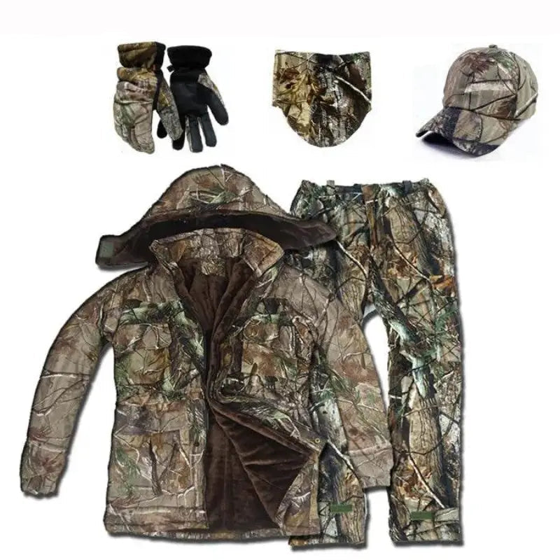 Winter camouflage jacket and pants set with gloves and cap for outdoor activities