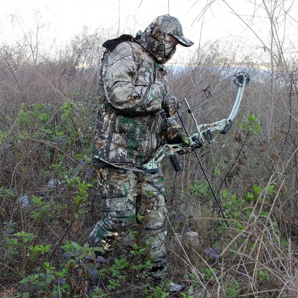 Winter camouflage jacket & pants for hunting in rugged terrain