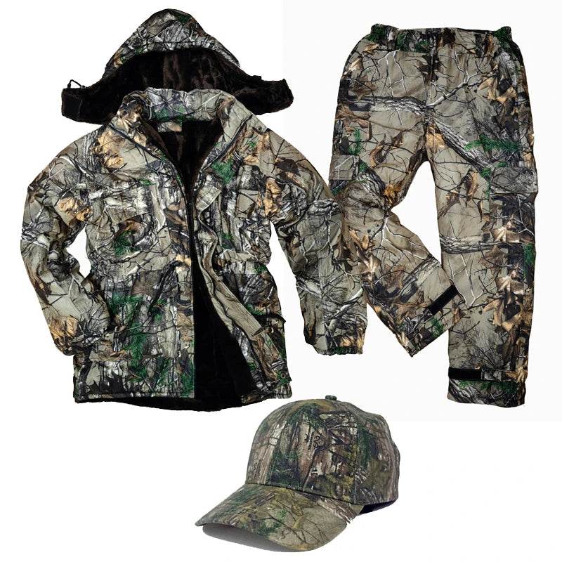 Winter camouflage jacket and pants set for outdoor hunting activities