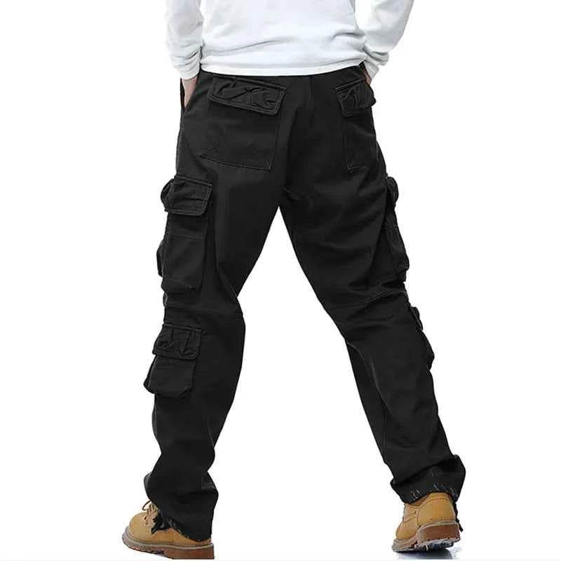 Black winter cargo fleece pants with multiple pockets for outdoor use