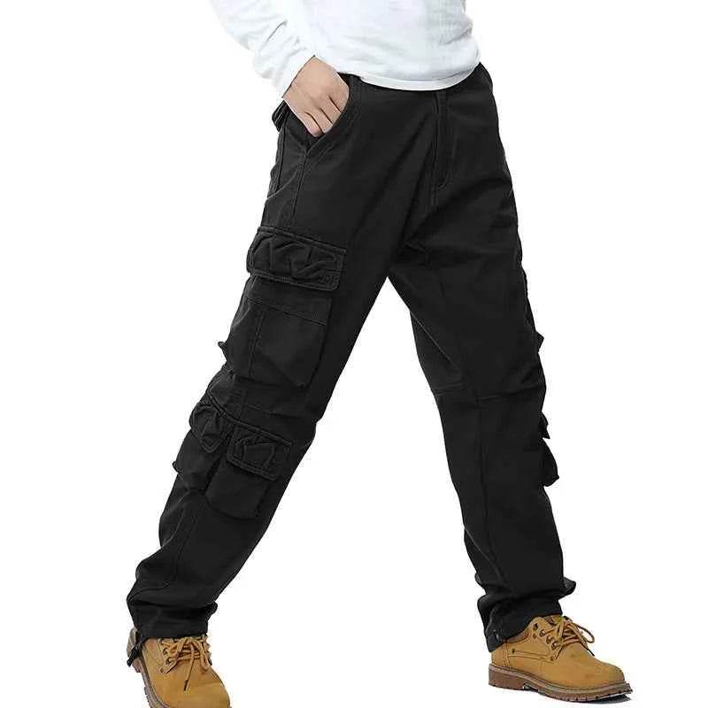 Black winter cargo fleece pants with multiple pockets for outdoor activities