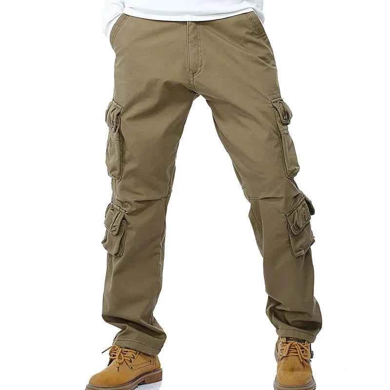 Khaki winter cargo fleece pants with multiple pockets for utility