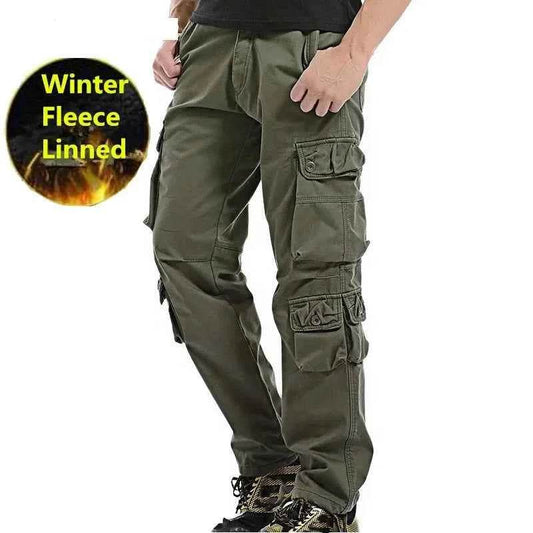 Winter cargo fleece pants in olive green for cold weather comfort