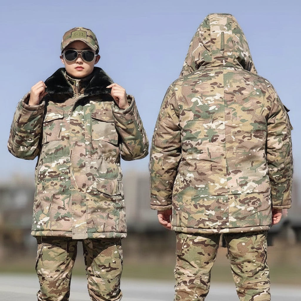 Camouflage Winter Outdoor Coat with Warm Faux Fur Lining for Cold Weather