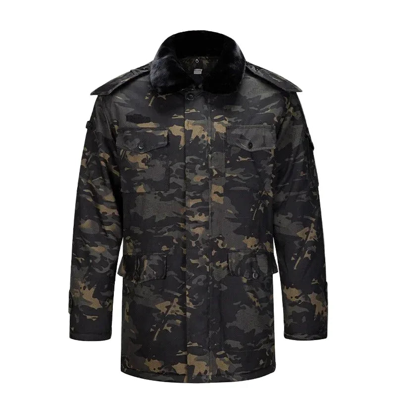 Black camo military coat, perfect for winter outdoor adventures