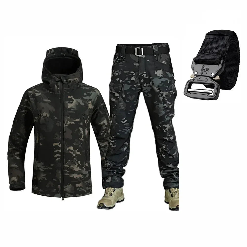 Camo winter suit set for outdoor adventures with waterproof jacket and durable pants