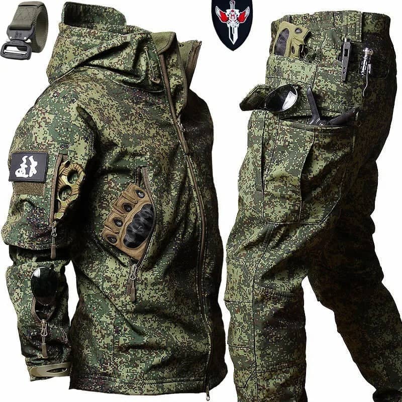 Military camouflage winter suit set for outdoor activities and harsh weather