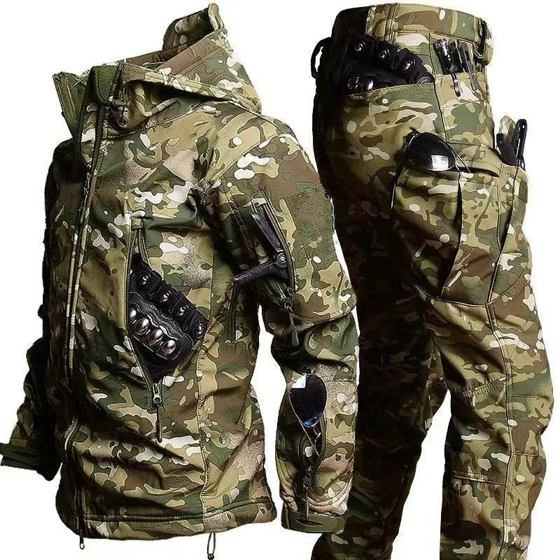 Camouflaged winter suit set for tactical outdoor use with multiple pockets