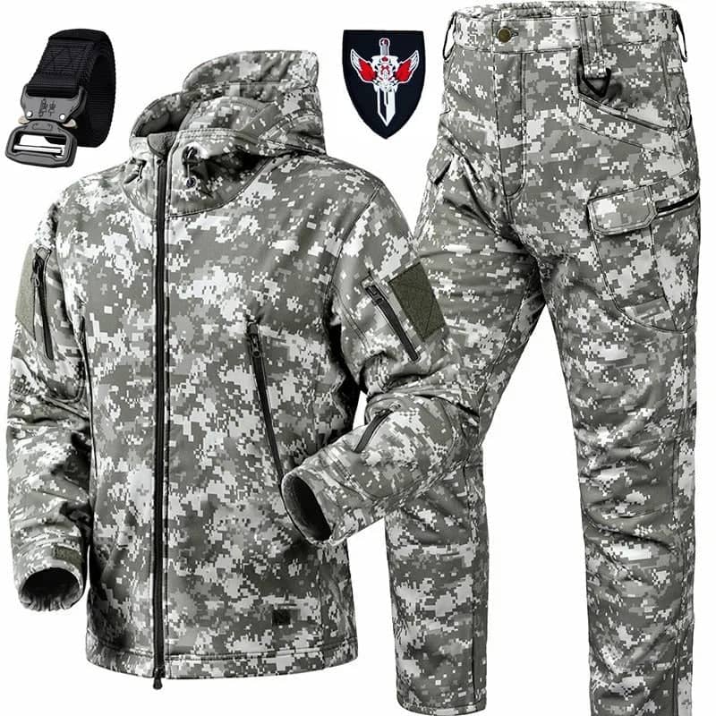 Camouflage winter suit set for outdoor activities with adjustable features