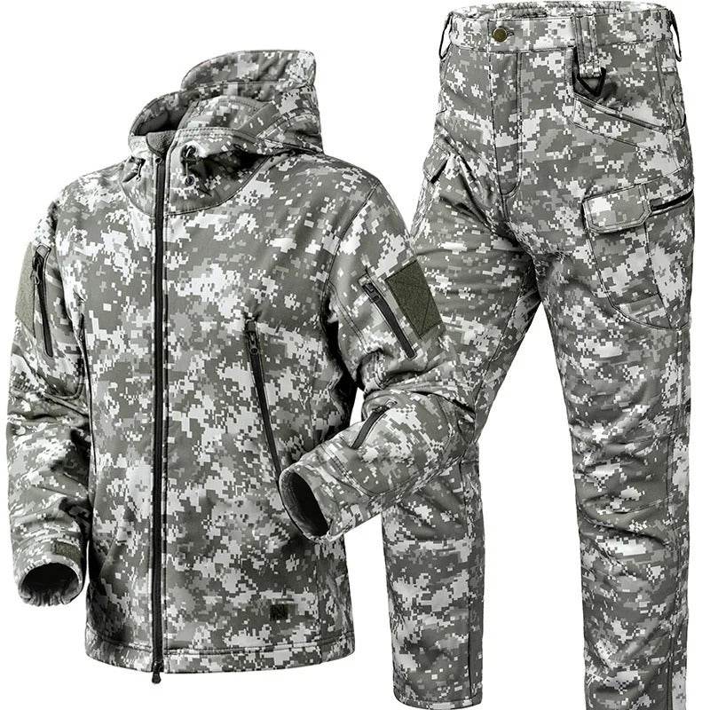 Camouflage winter suit set with waterproof jacket and pants for cold weather outdoors