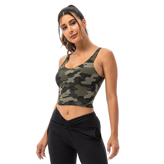 Woman wearing a Military-Outdoors Camouflage Sports Bra for Women - Military-Outdoors.com