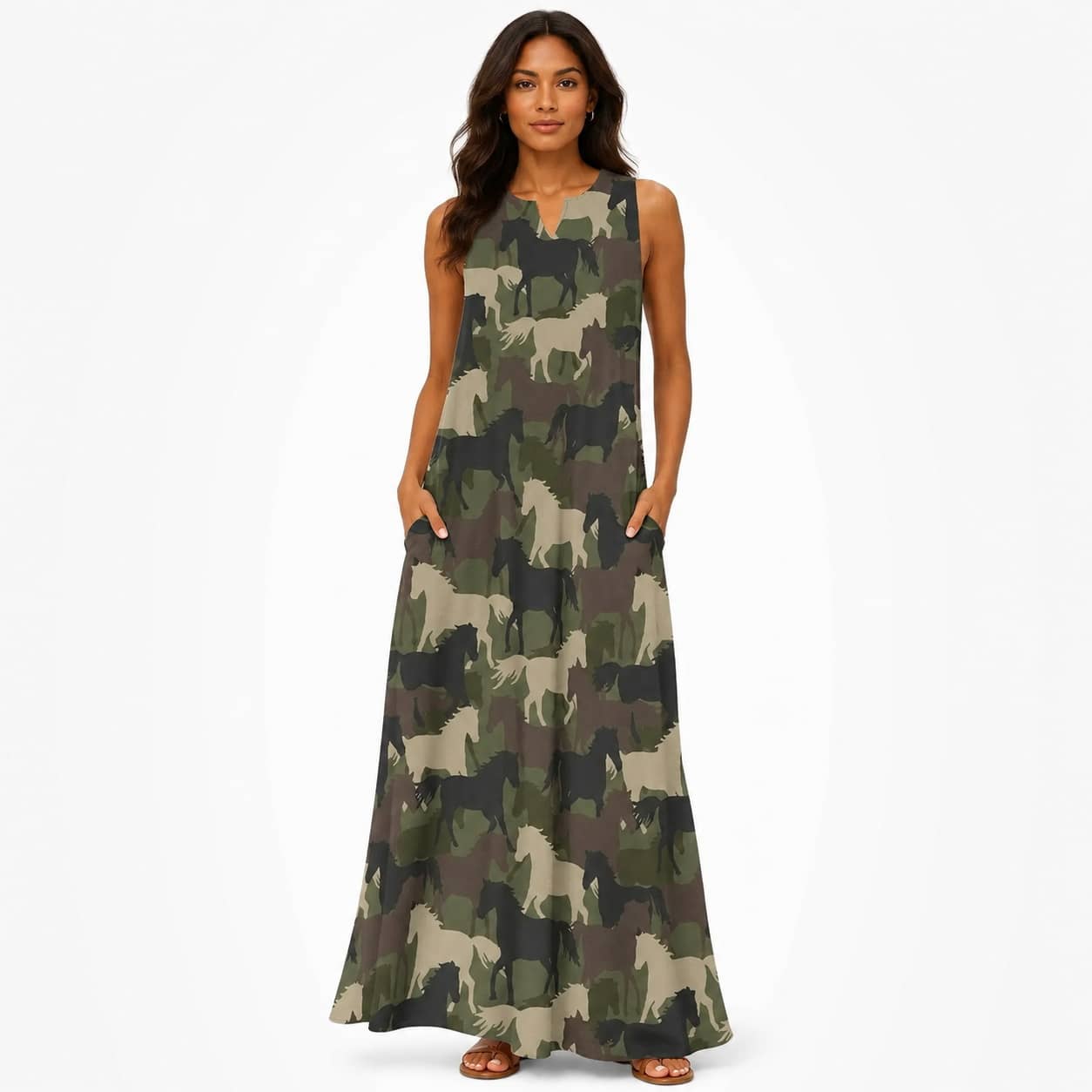 Women’s camouflage sleeveless V-neck ankle-length maxi dress with pockets for summer casual wear