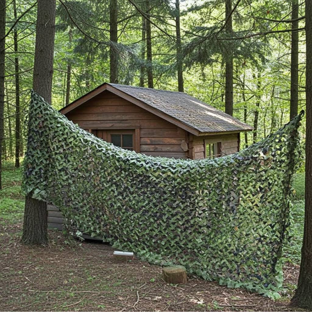 Woodland camouflage netting draped around a rustic cabin in a lush forest setting