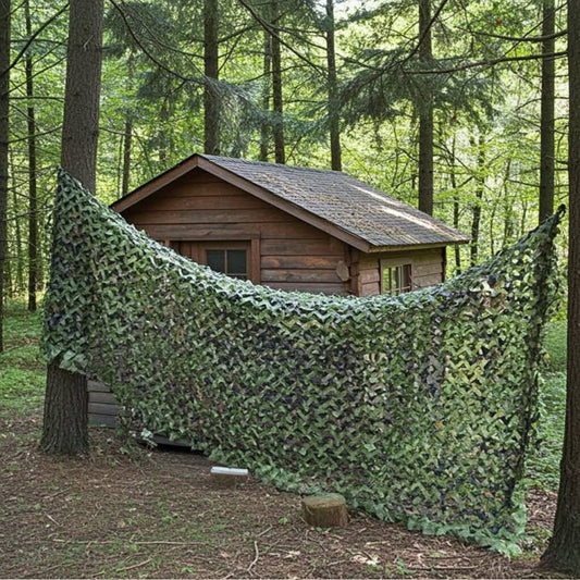 Woodland camouflage netting draped around a rustic cabin in a lush forest setting