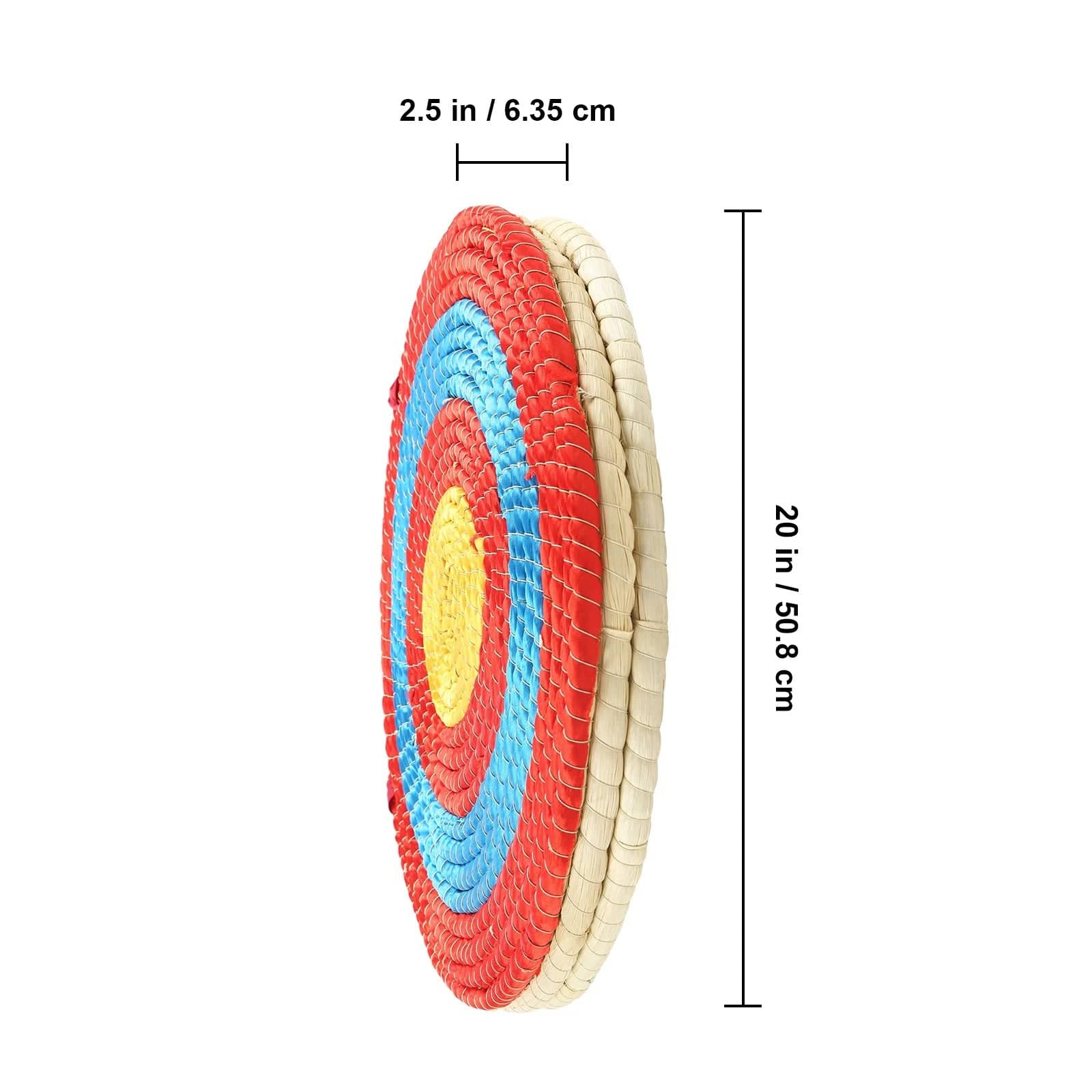 Woven grass archery target in red, blue, and yellow, measuring 20 inches for accurate shooting practice