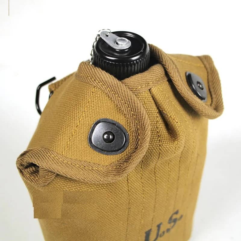 WW2 Army Canteen Kit in tan with secure cap and durable fabric for outdoor use
