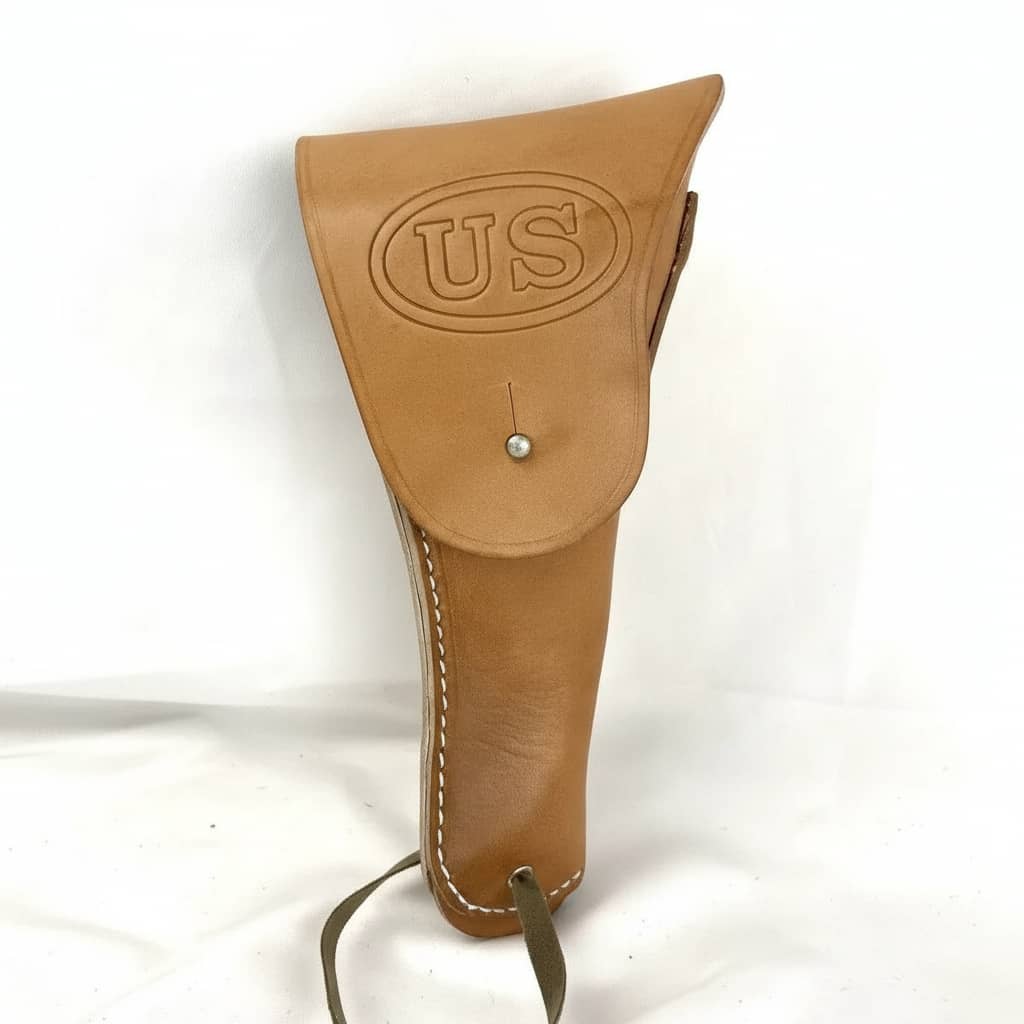 Brown leather holster with 'US' engraving on a white background