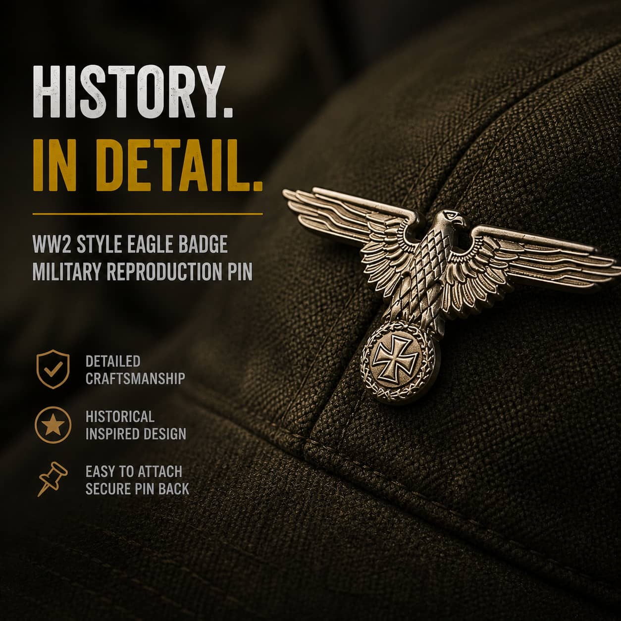 WW2 eagle badge military reproduction pin with detailed craftsmanship and historical design
