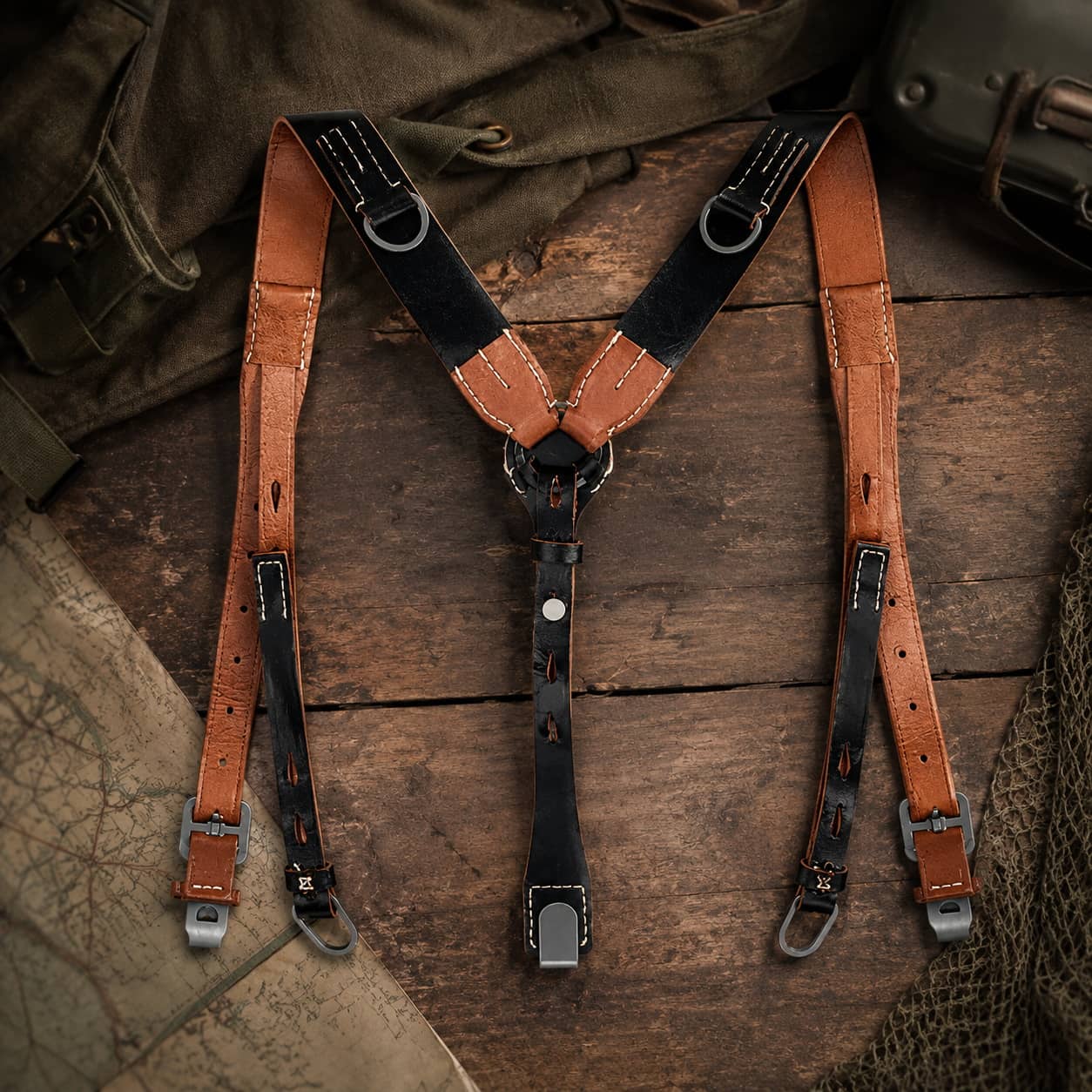WW2 German Leather Suspenders in brown with adjustable straps for military-style wear
